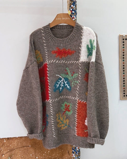 Hand-Embroidered Leaf Motif Knit Oversize Jersey