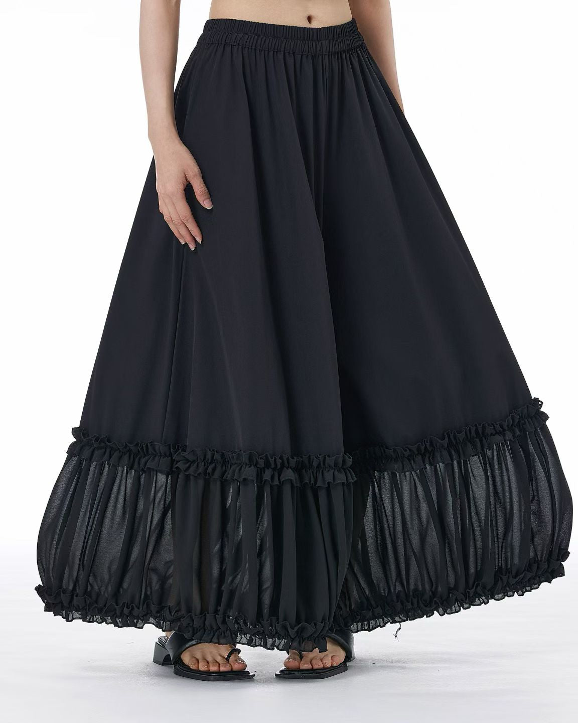 Wrinkle-Resistant Pants with Chiffon Ruffle Details