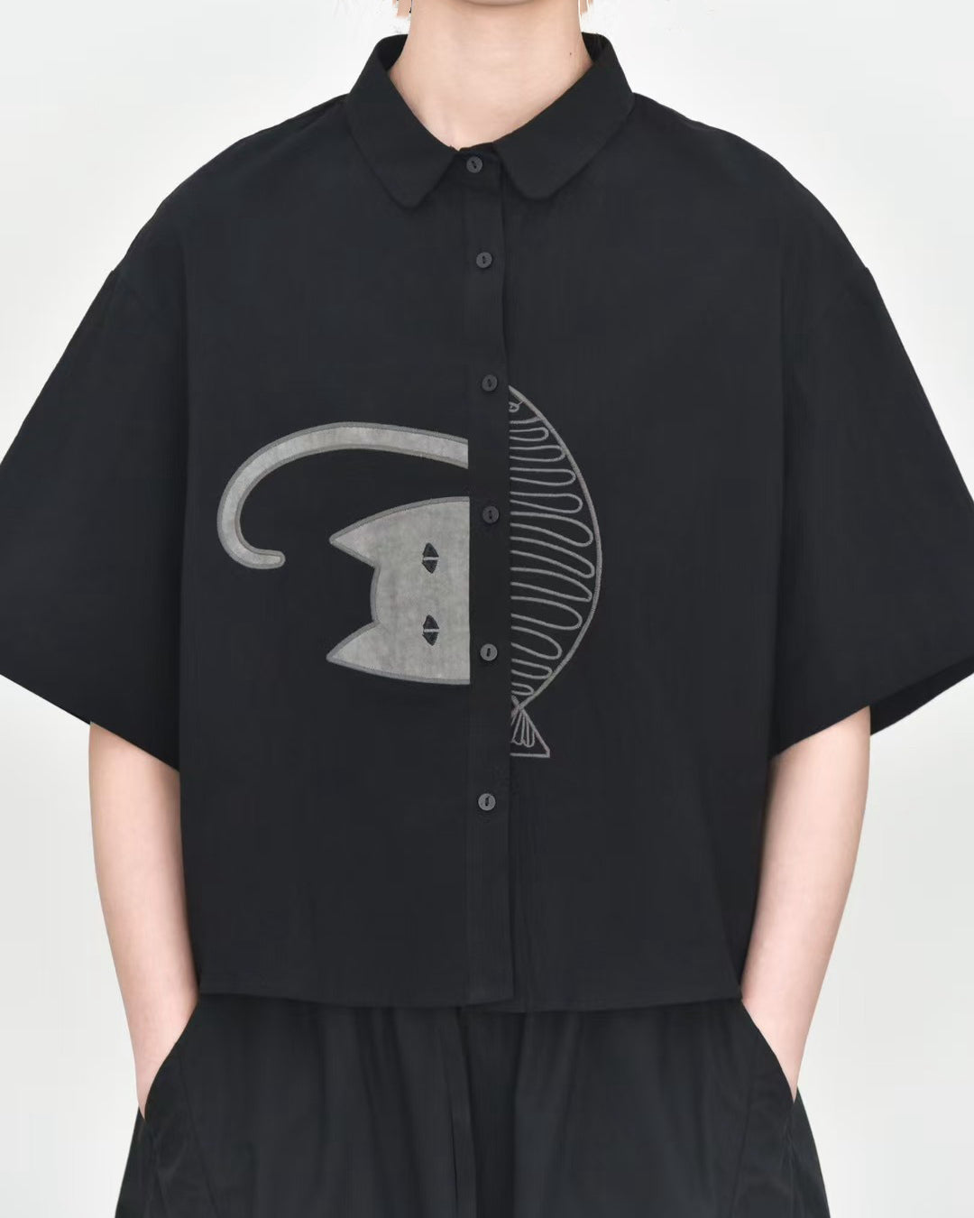 Playful Cat & Fish Appliqué Shirt Available in Black and White