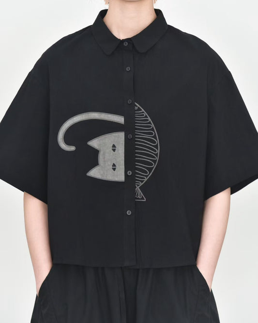 Playful Cat & Fish Appliqué Shirt Available in Black and White