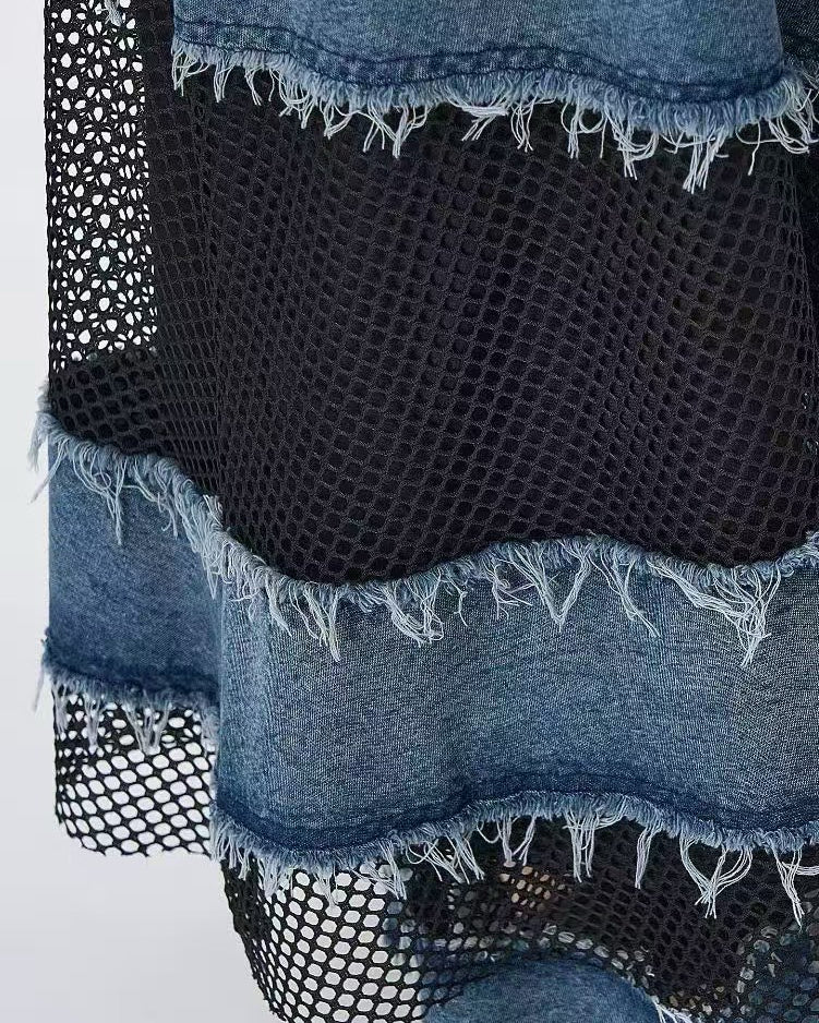 Artisanal Textured Denim Pinafore Dress with Mesh Panel Details