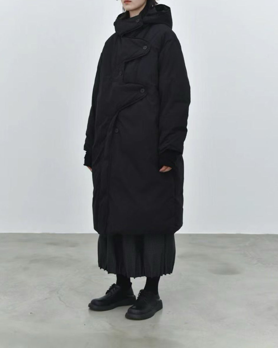 Curved Placket Long Hooded 90% White Duck Down Coat