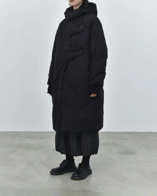 Curved Placket Long Hooded 90% White Duck Down Coat