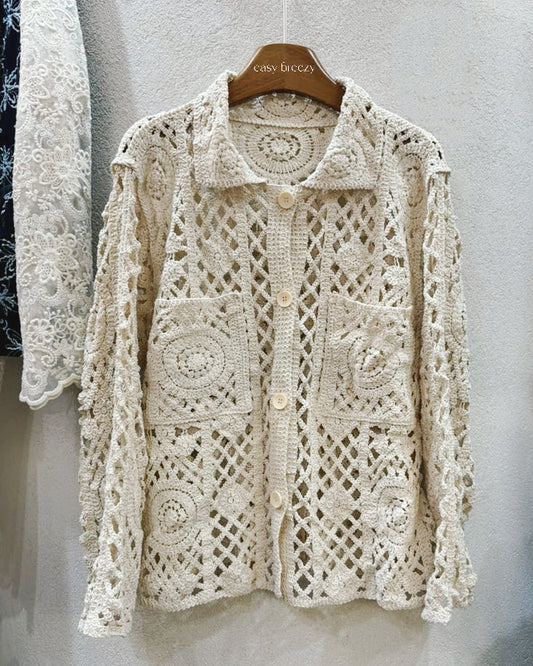 Crochet cardigan with lapel collar