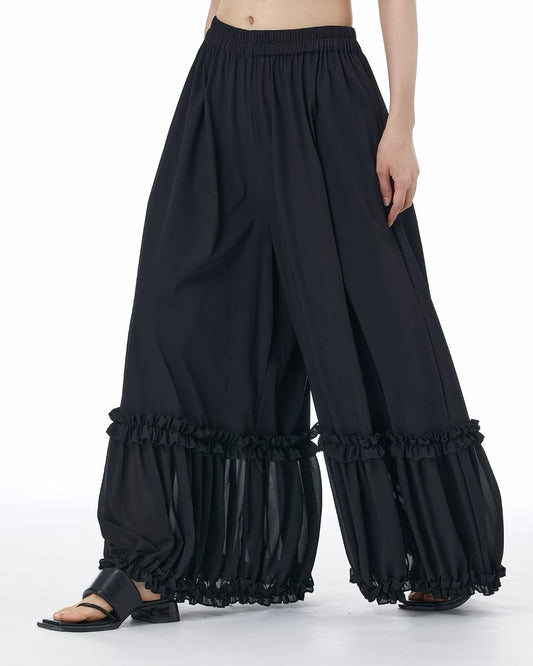 Wrinkle-Resistant Pants with Chiffon Ruffle Details