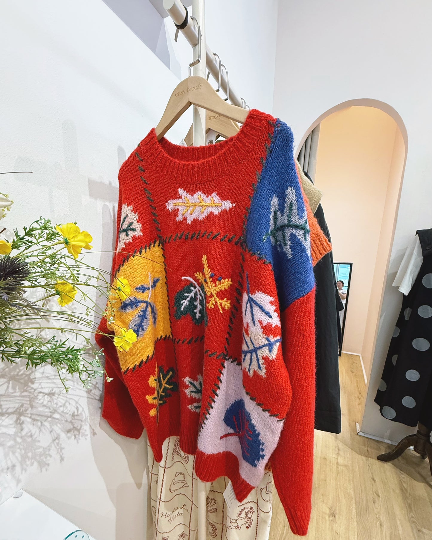 Hand-Embroidered Leaf Motif Knit Oversize Jersey