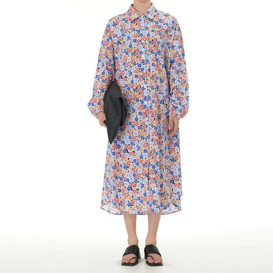 Blue Whimsical Garden Loose Fit Cotton Shirt Dress