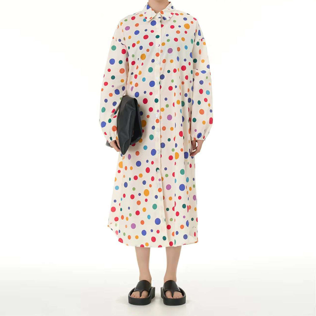 In Stock Dotted Fantasy Loose Fit Cotton Shirt Dress