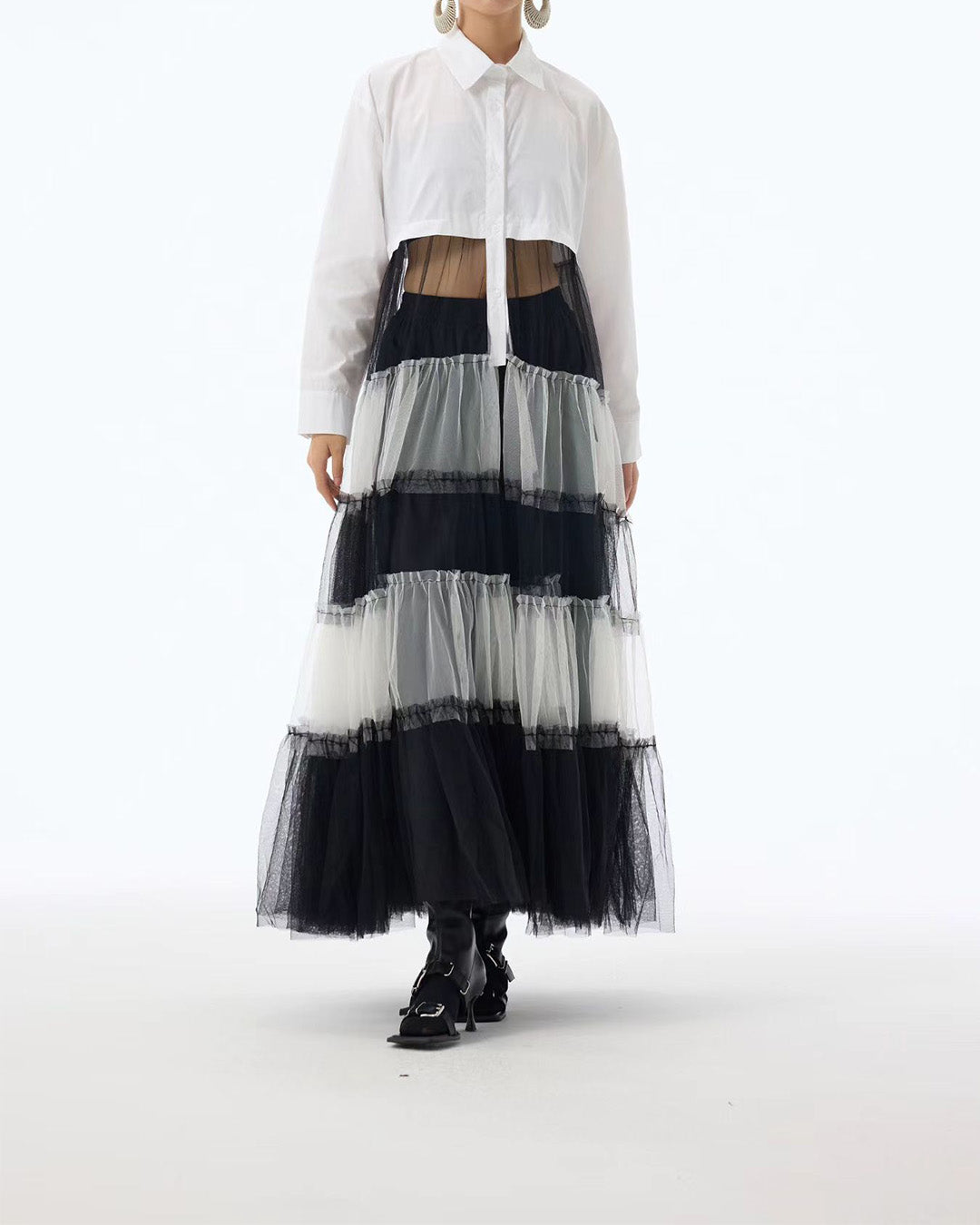 Shirt Dress with Tiered Black & White Mesh