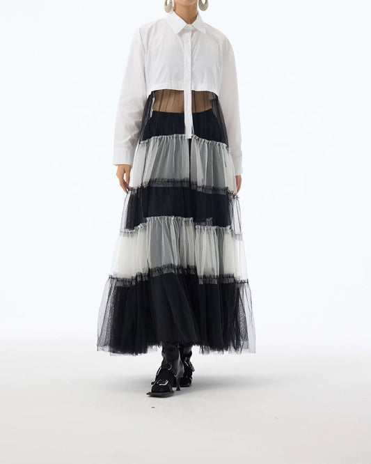 Shirt Dress with Tiered Black & White Mesh