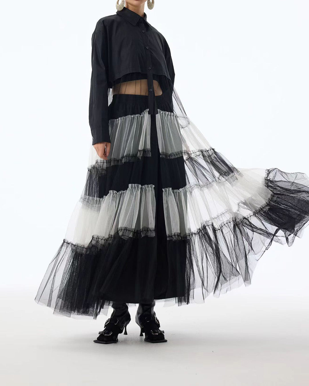 Shirt Dress with Tiered Black & White Mesh