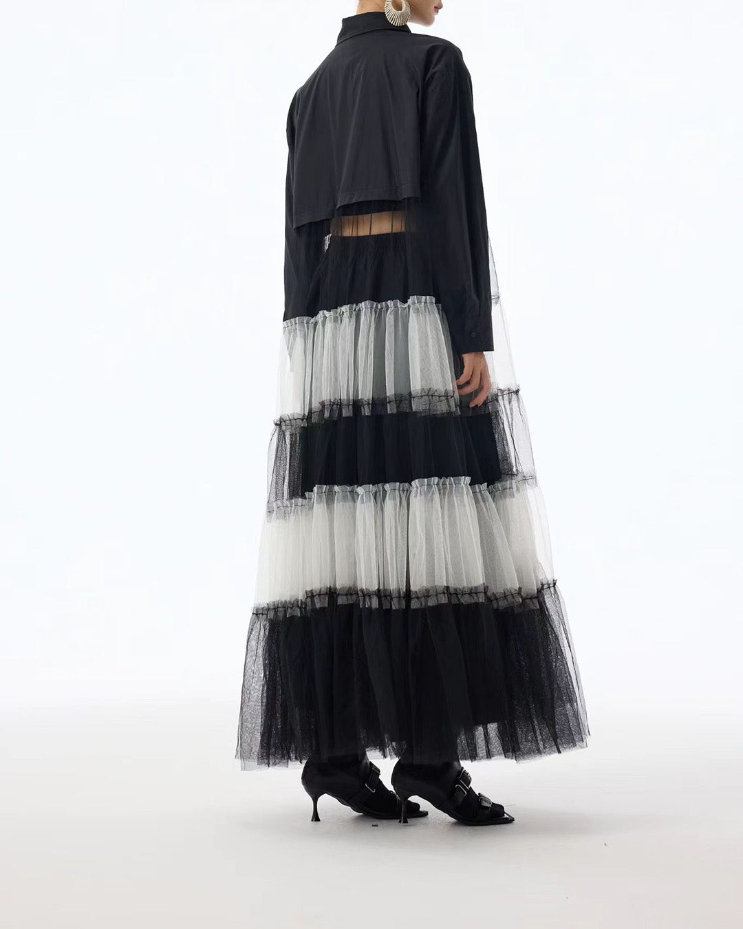 Shirt Dress with Tiered Black & White Mesh