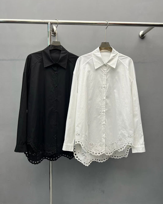 Delicate Scalloped Lace Hem Cotton Shirt