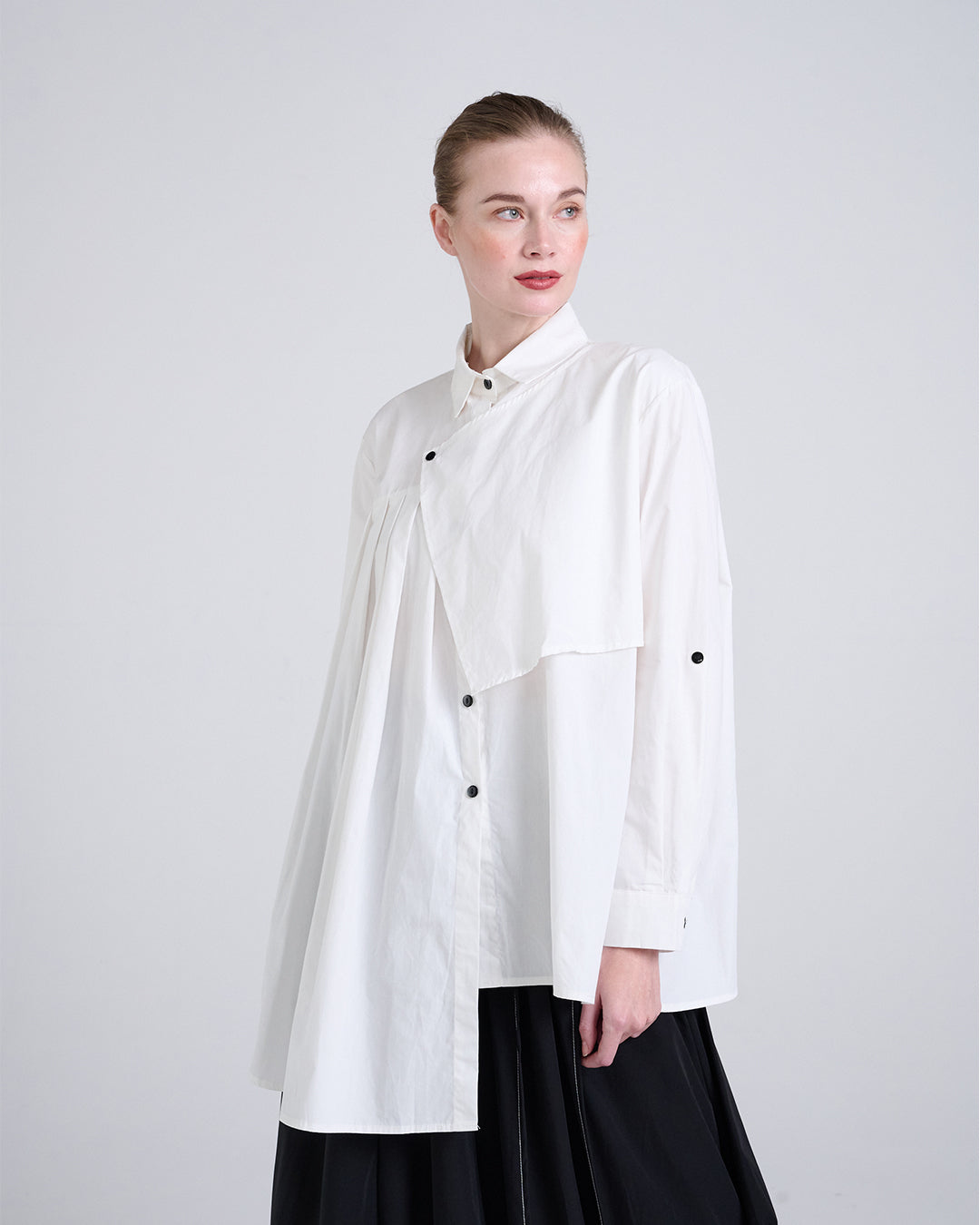 Asymmetric Long Sleeve Shirt with Draped Front Panel also available in Black