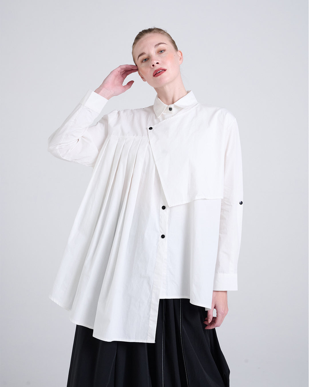 Asymmetric Long Sleeve Shirt with Draped Front Panel also available in Black