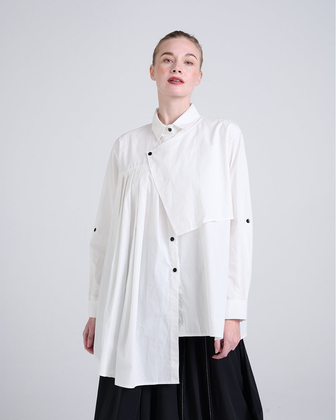 Asymmetric Long Sleeve Shirt with Draped Front Panel also available in Black