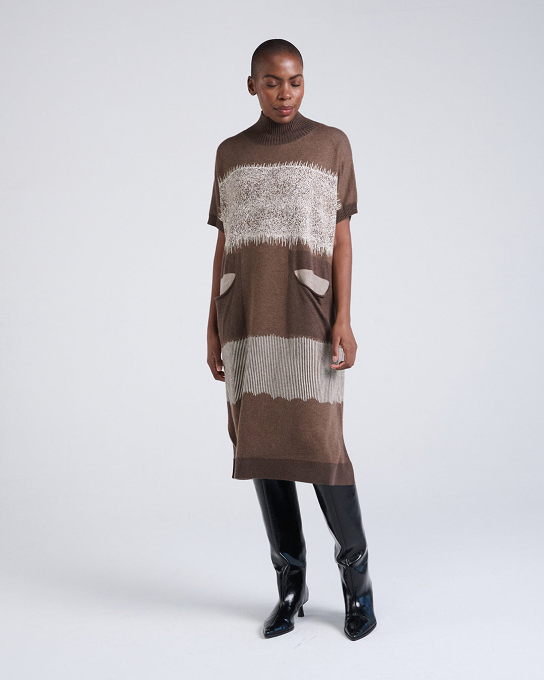 Wool Blend Short Sleeve Knit Dress with Lace Pattern