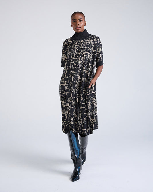 Wool Blend Woodblock Print Pattern Knit Short Sleeve Dress