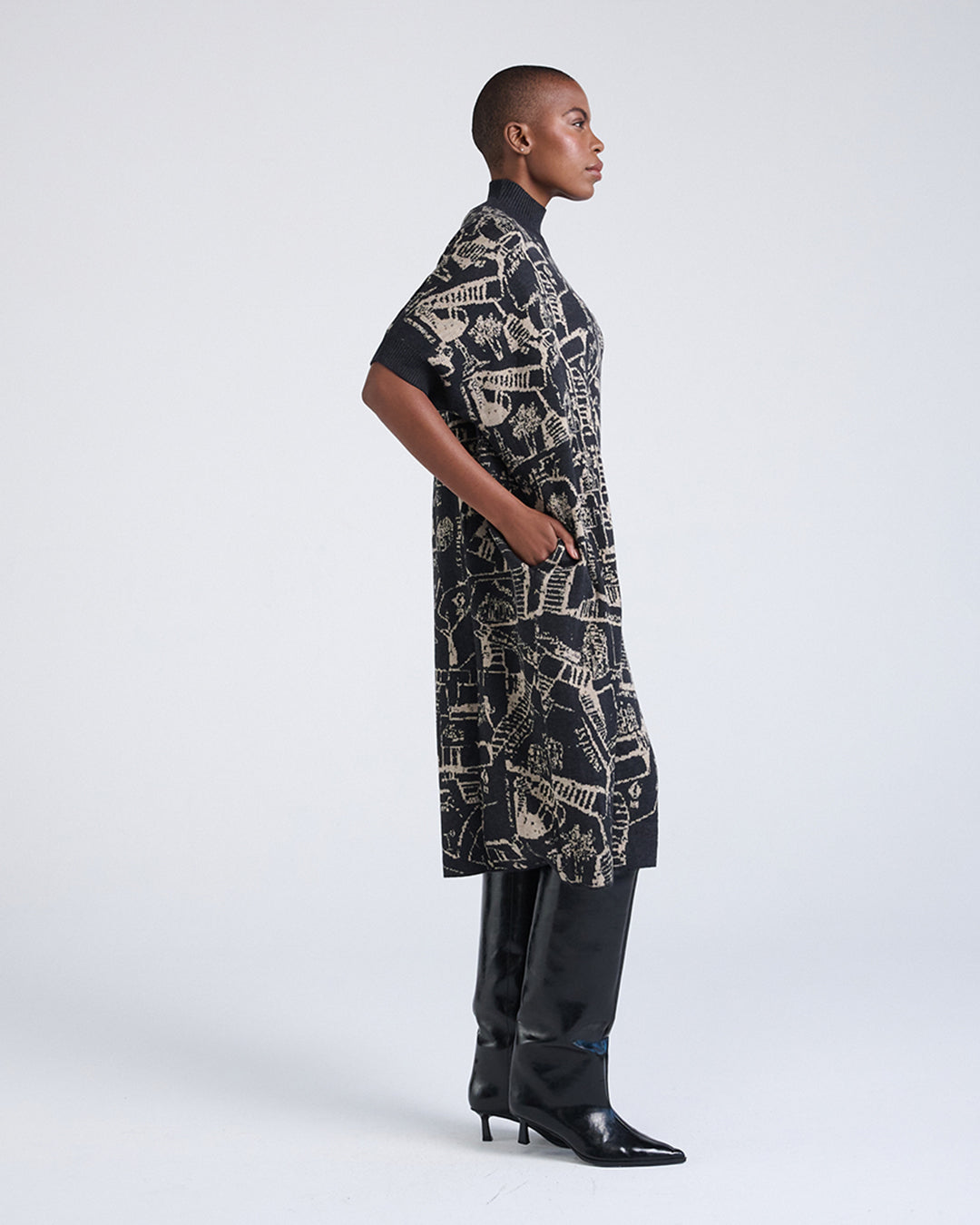 Wool Blend Woodblock Print Pattern Knit Short Sleeve Dress