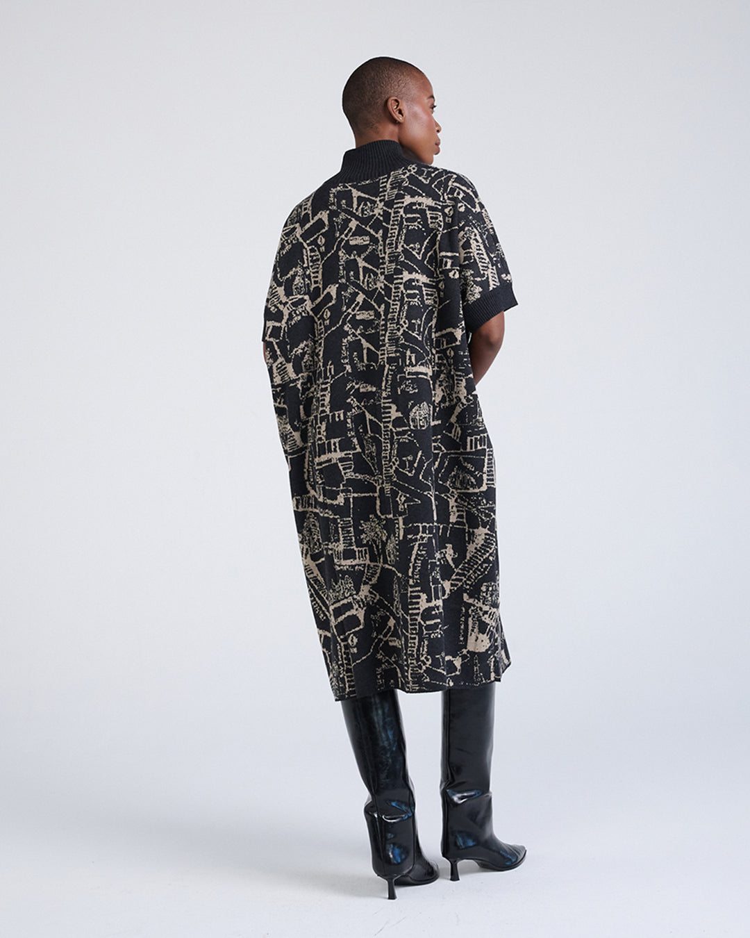 Wool Blend Woodblock Print Pattern Knit Short Sleeve Dress