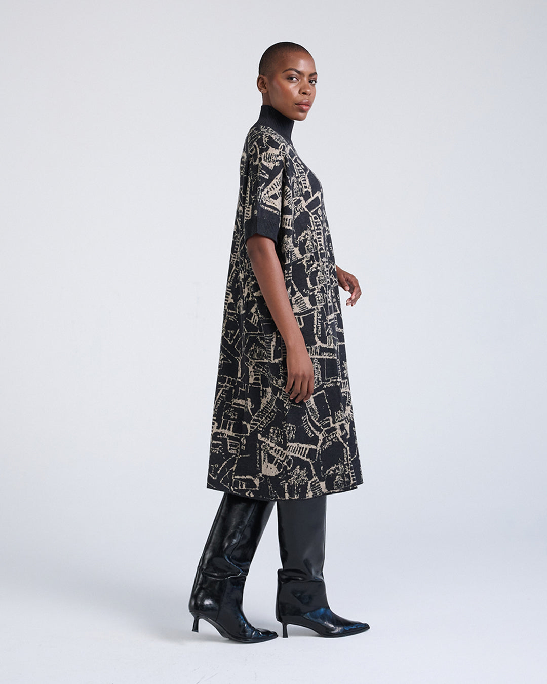 Wool Blend Woodblock Print Pattern Knit Short Sleeve Dress