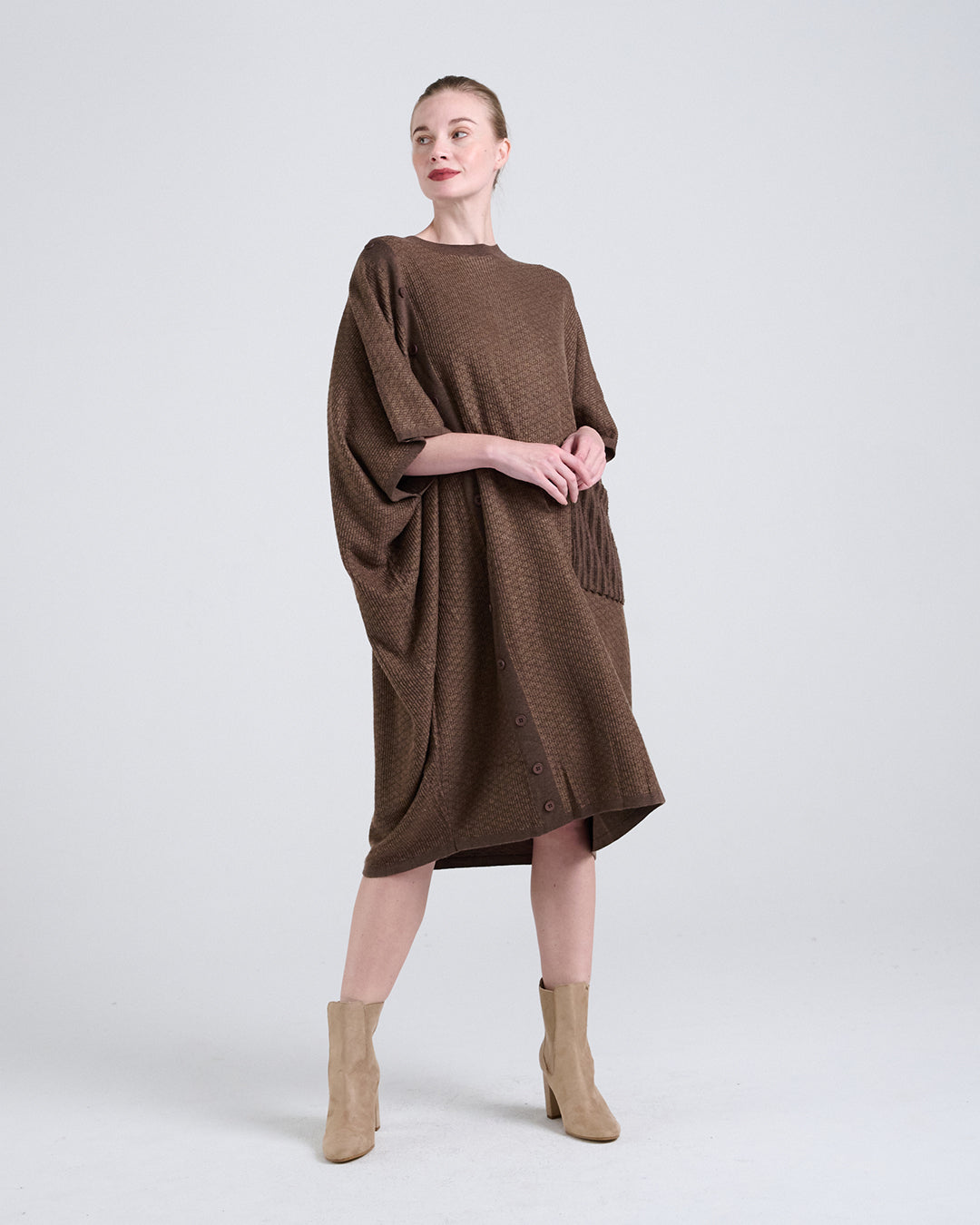 Wool Blend Buttons Deco Short-sleeves Oversize Dress