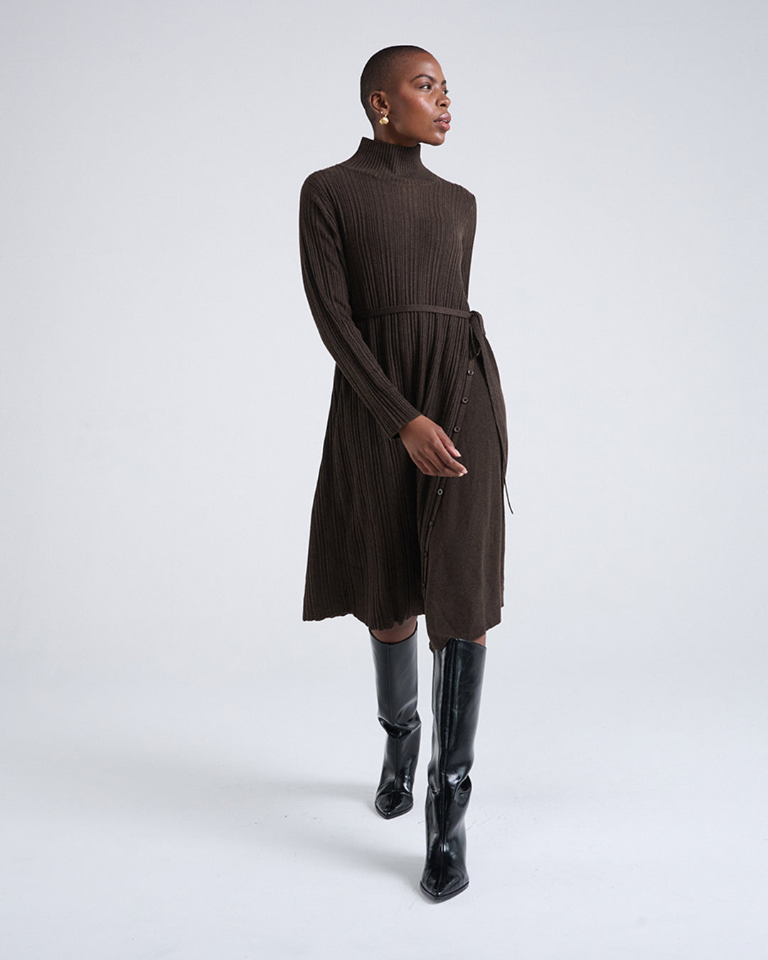 Wool Blend Wide Rib Knit Long Sleeve Dress with Belted Waist in Brown