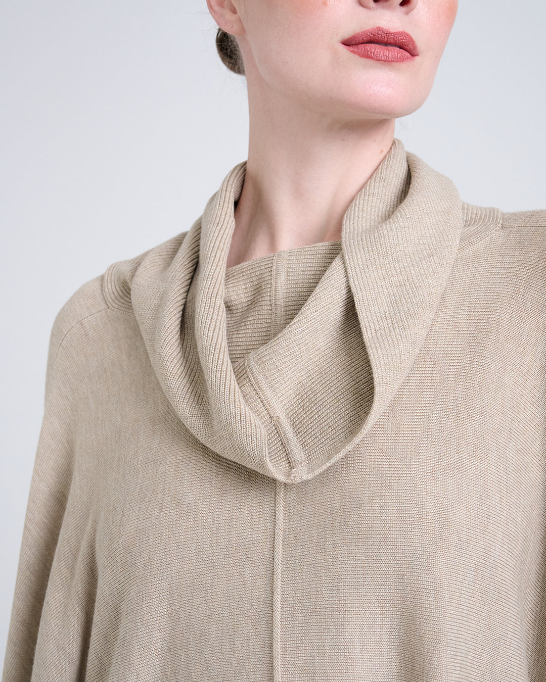 Wool Blend Cowl Neckline Top with Sculptural Hem and Textured Finish