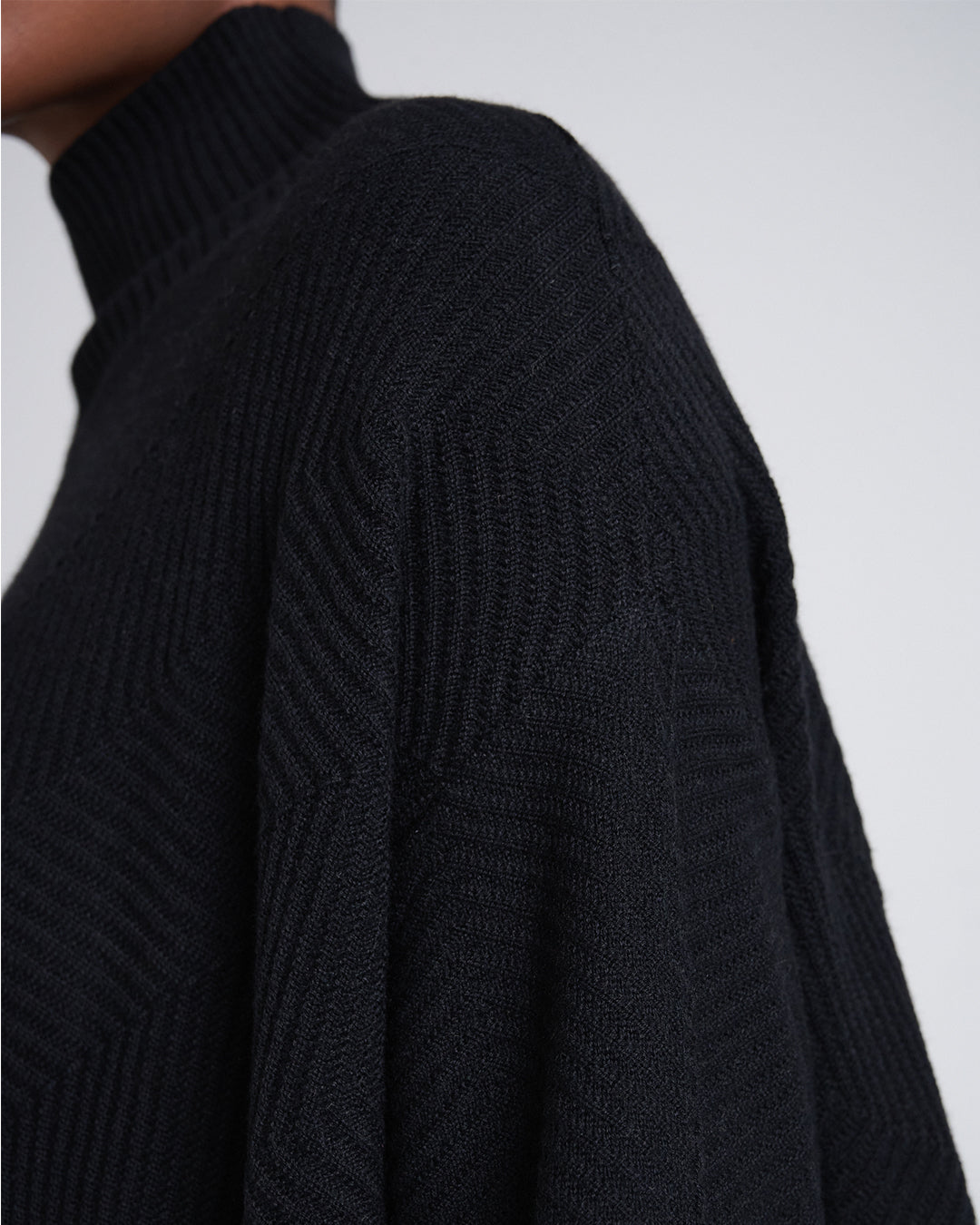 Made to Move, Draped to Flow-Wool Blend Asymmetrical Hem Diagonal Rib Mock Neck Long Sleeve Knit Dress in Black