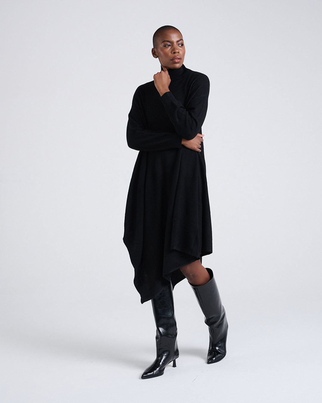 Made to Move, Draped to Flow-Wool Blend Asymmetrical Hem Diagonal Rib Mock Neck Long Sleeve Knit Dress in Black