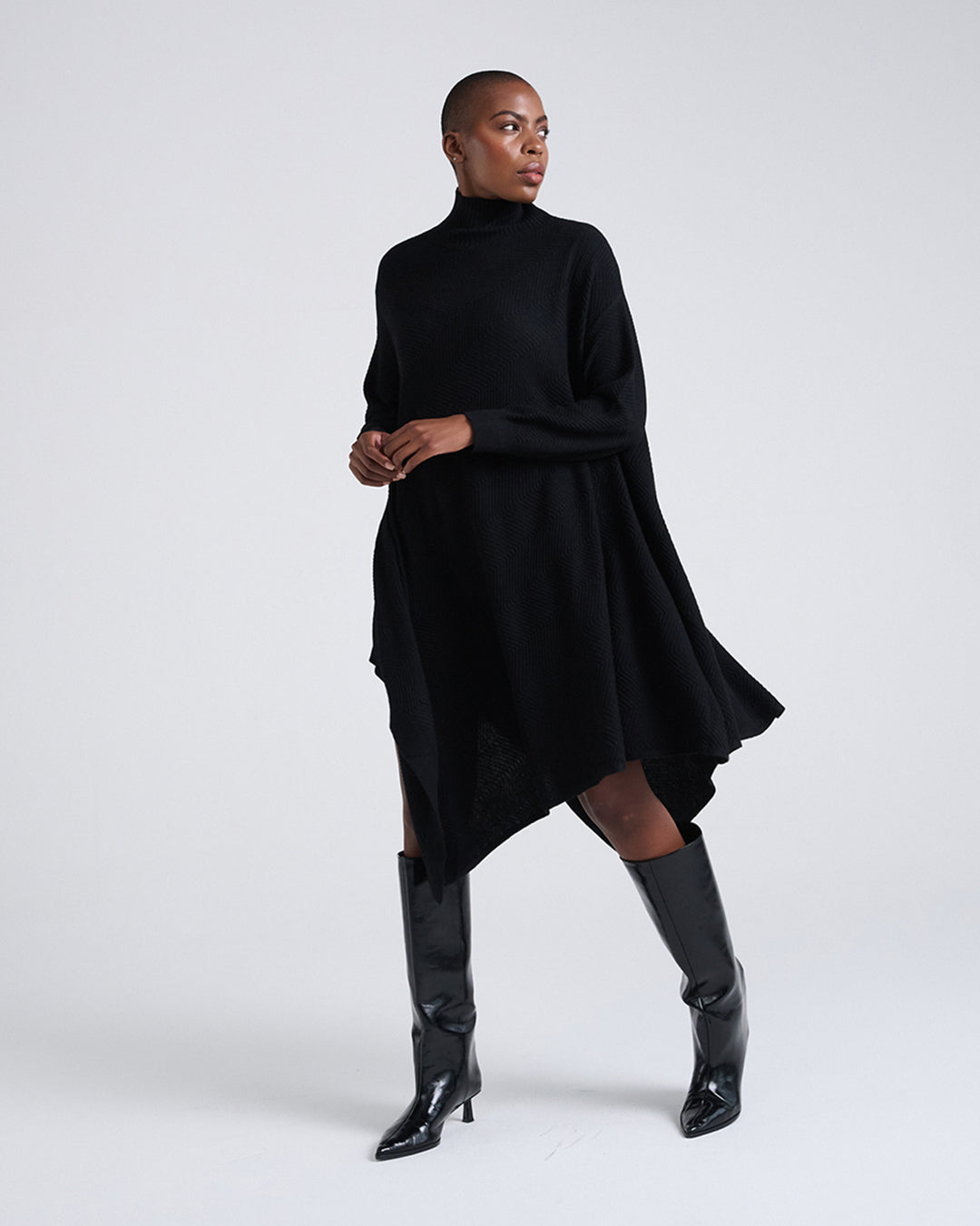 Made to Move, Draped to Flow-Wool Blend Asymmetrical Hem Diagonal Rib Mock Neck Long Sleeve Knit Dress in Black