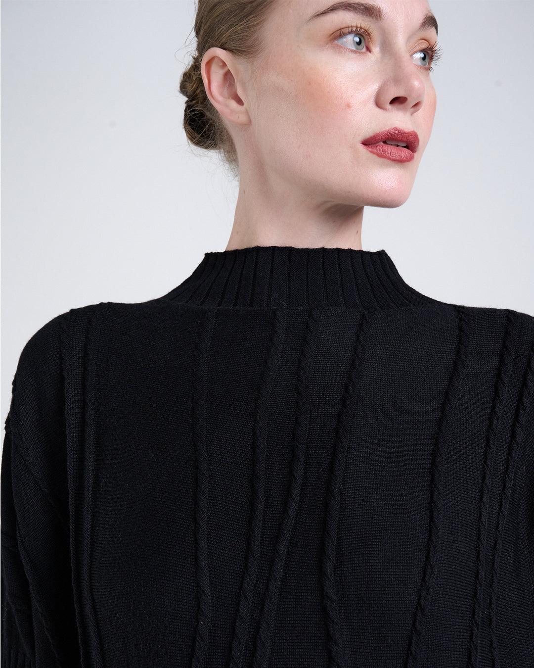 Wool Blend Long Sleeve Knit Top with Vertical Braided Detail