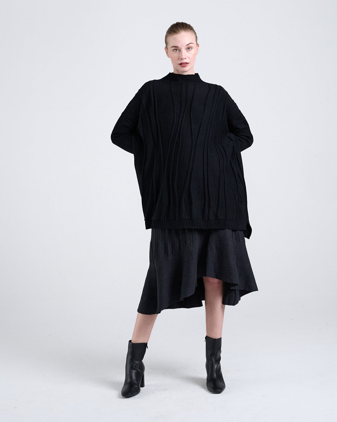 Wool Blend Long Sleeve Knit Top with Vertical Braided Detail