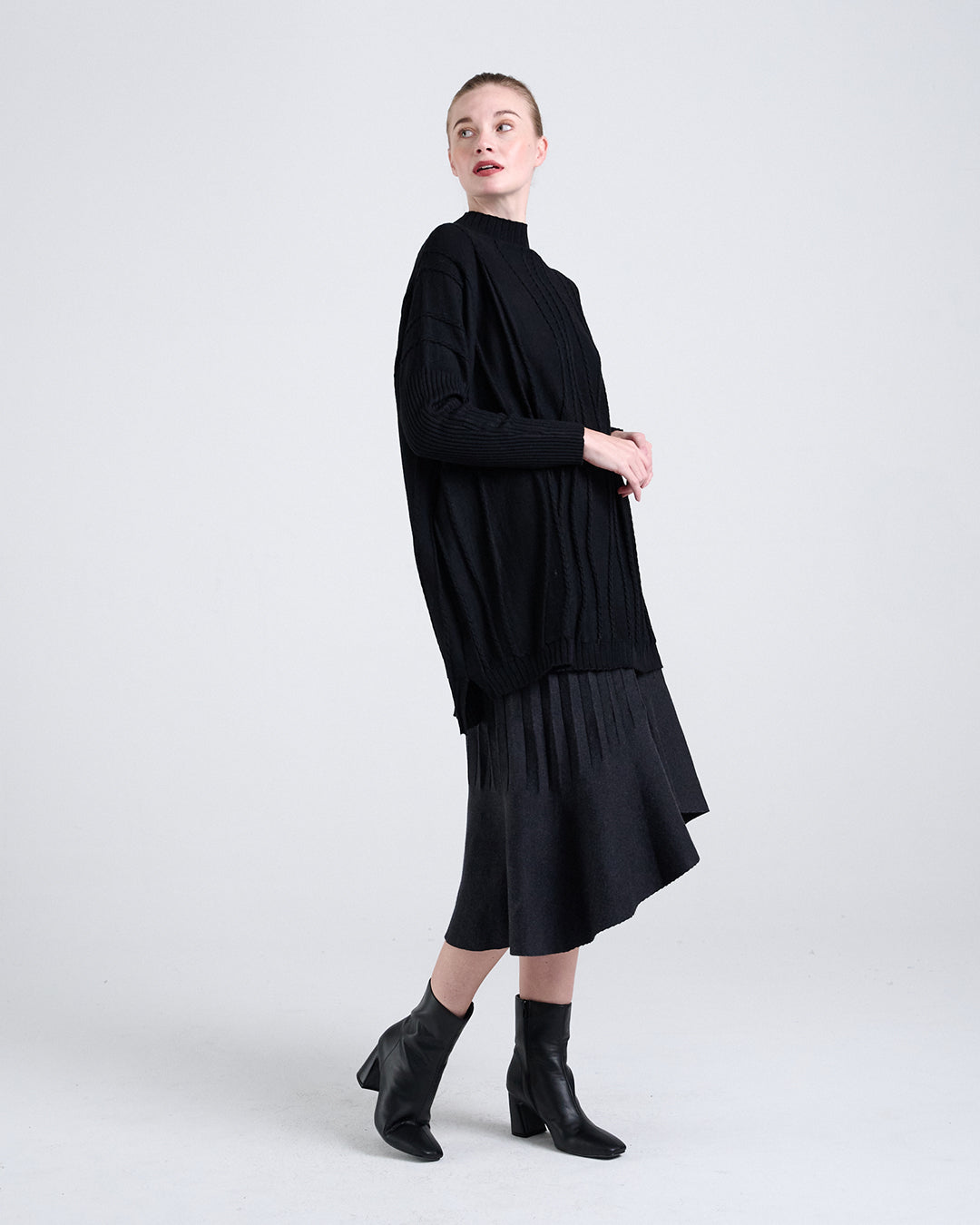 Wool Blend Long Sleeve Knit Top with Vertical Braided Detail