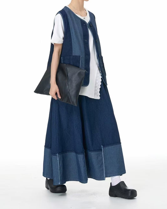 Denim Patchwork Midi Skirt