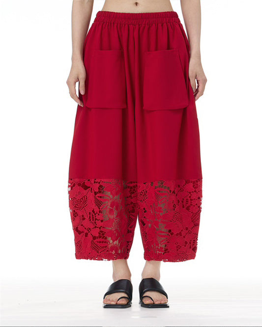 Lace Panel Dual-Pocket Tapered Pants