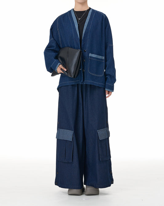 Two-Tone Oversize Pocketss Deco Denim Pants