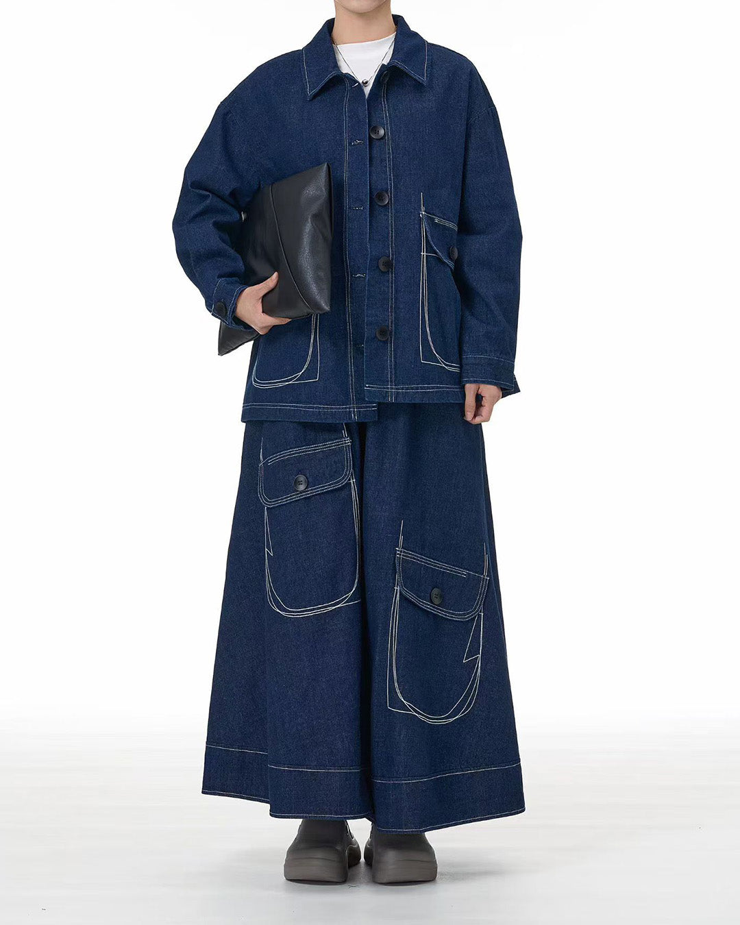 Wide-Leg Denim Pants with Exposed Stitch Pockets