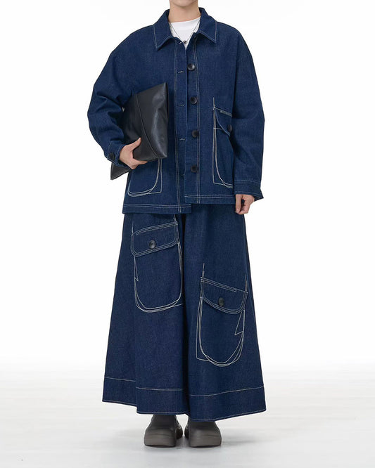 Denim Jacket with Exposed Stitch Pockets