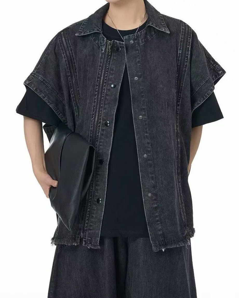 Structured Denim Vest with Zipper Detailing