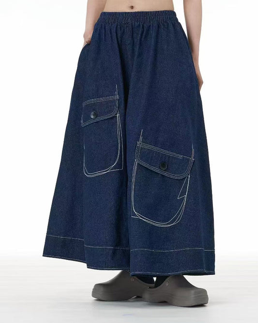 Wide-Leg Denim Pants with Exposed Stitch Pockets
