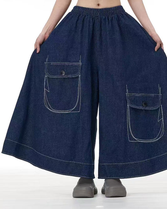 Wide-Leg Denim Pants with Exposed Stitch Pockets