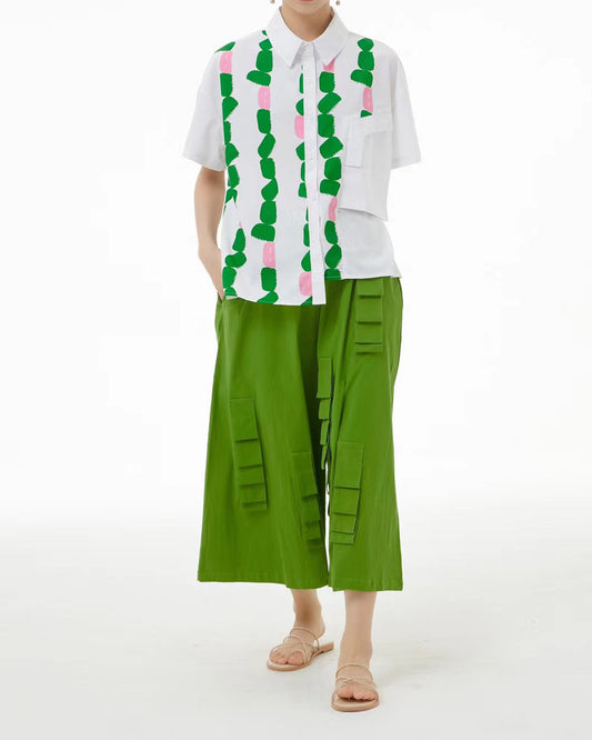 Pink Green Rocks Print Cotton Shirt