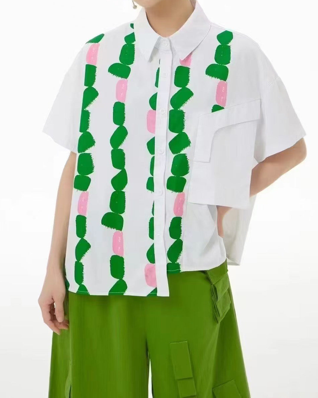 Pink Green Rocks Print Cotton Shirt