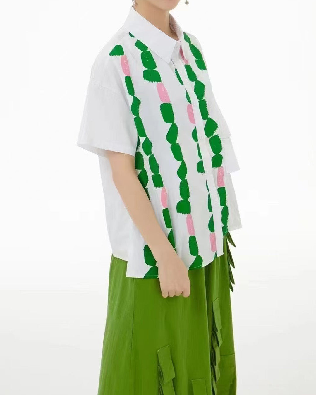 Pink Green Rocks Print Cotton Shirt