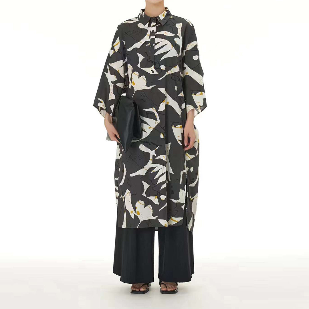 In Stock High Slit Abstract Print Loose Fit Shirt Dress