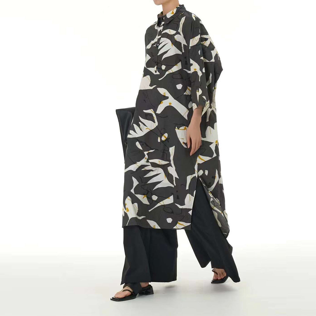 In Stock High Slit Abstract Print Loose Fit Shirt Dress