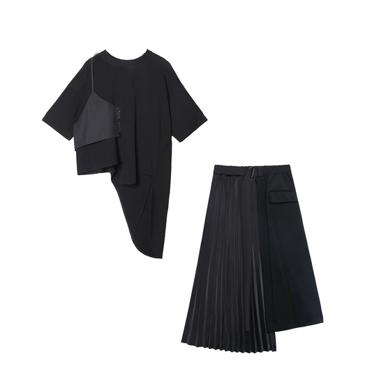 Pre-Order Half Vest Irregular Design Shirt + Irregular Pleating Skirt