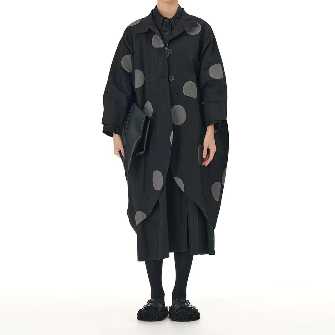 In Stock Dots Print Oversize Green Cocoon Shape Coat