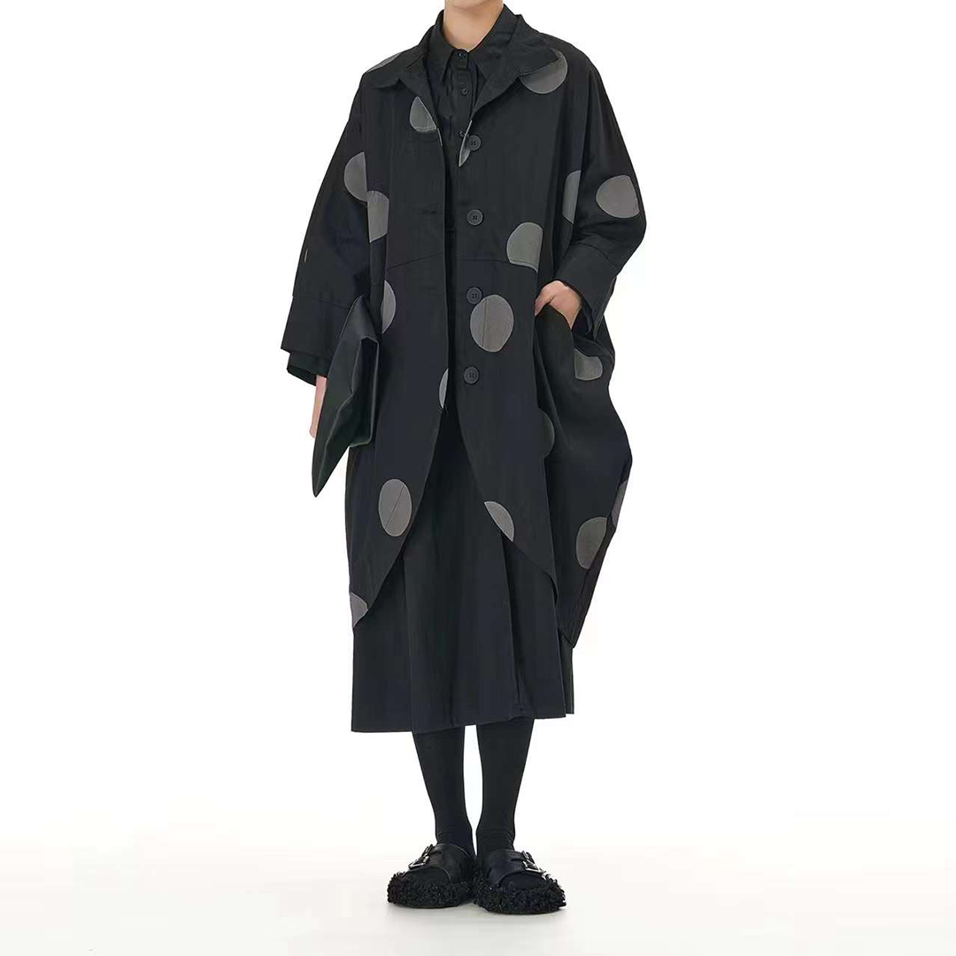 In Stock Dots Print Oversize Green Cocoon Shape Coat